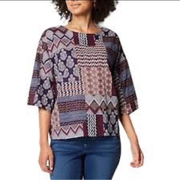 PureJill Womens Plus Sz 4X Patchwork Print Boxy Organic Cotton Blouse Bohemian - Picture 1 of 7